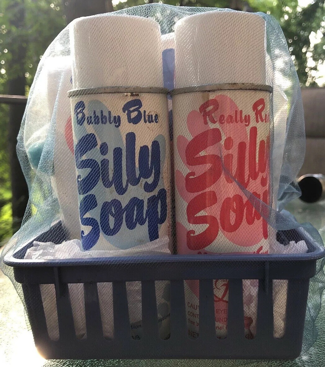 2- SILLY SOAP Spray Cans Red / Blue & 2- SPONGES By FULLER BRUSH Gift Basket