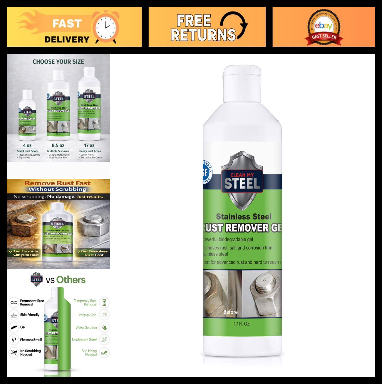 Industrial Heavy-Duty Rust Stain Remover Gel for Metal & Stainless Steel – No Sc