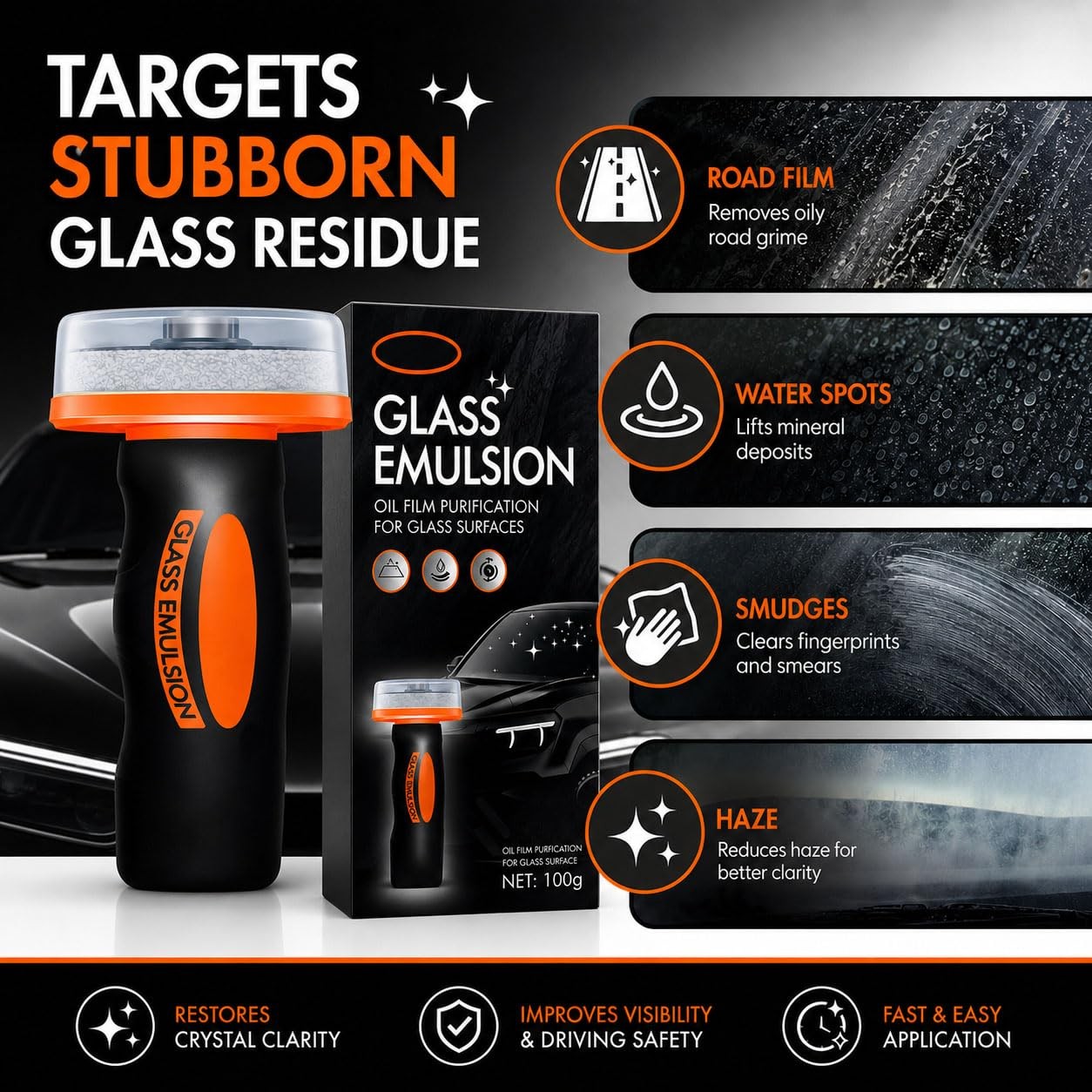 Glass Oil Film Remover for Car, 100ml RollOn Glass Compound with Cleaning Boa…