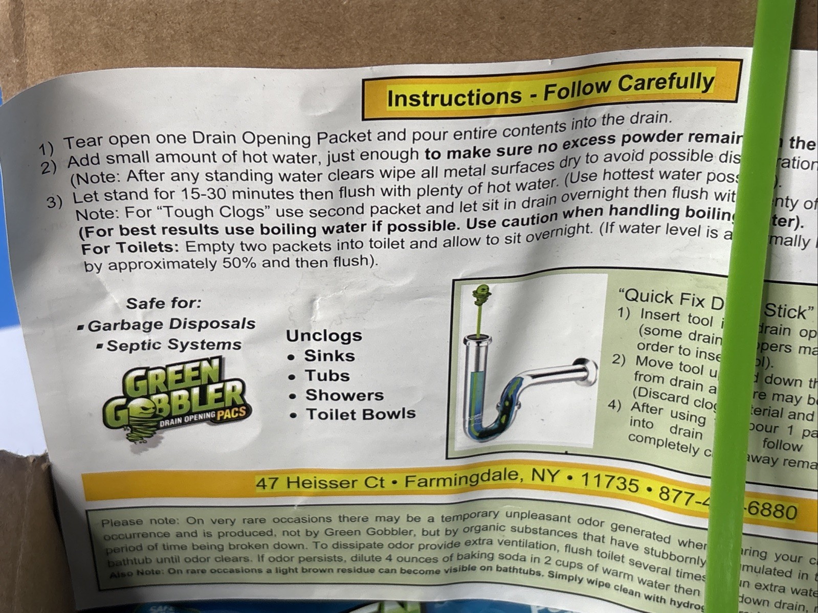 Green Gobbler 5 Drain Clog Opening Powder PACS & Hair Clog Remover Tool Ecoworks