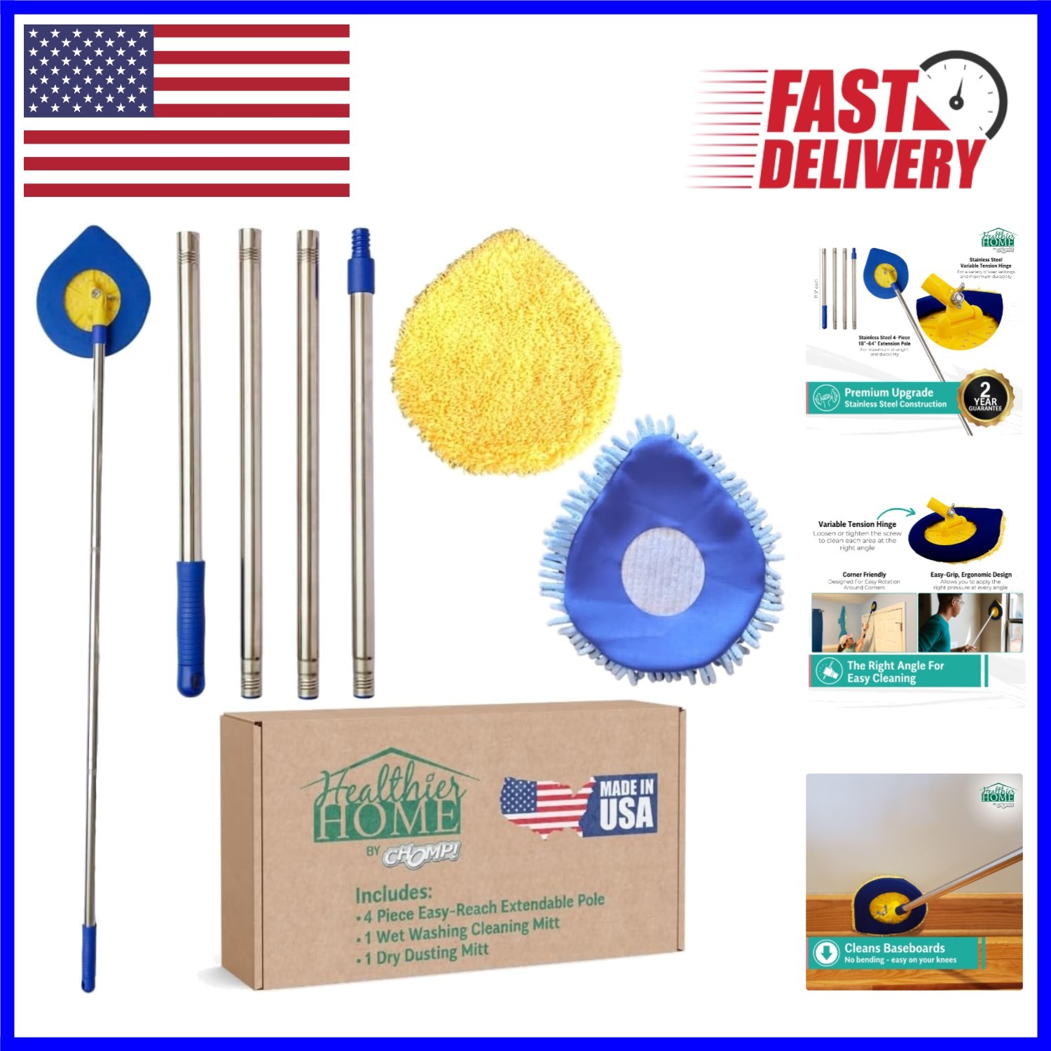 Effortless Cleaning with CHOMP Extendable Wall Washer – Reusable Microfiber Pad
