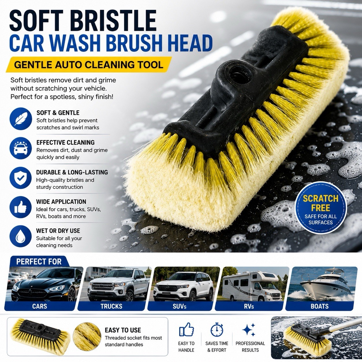Soft Bristle Car Wash Brush Head Auto Cleaning Tool Scratch-Free Vehicle Care