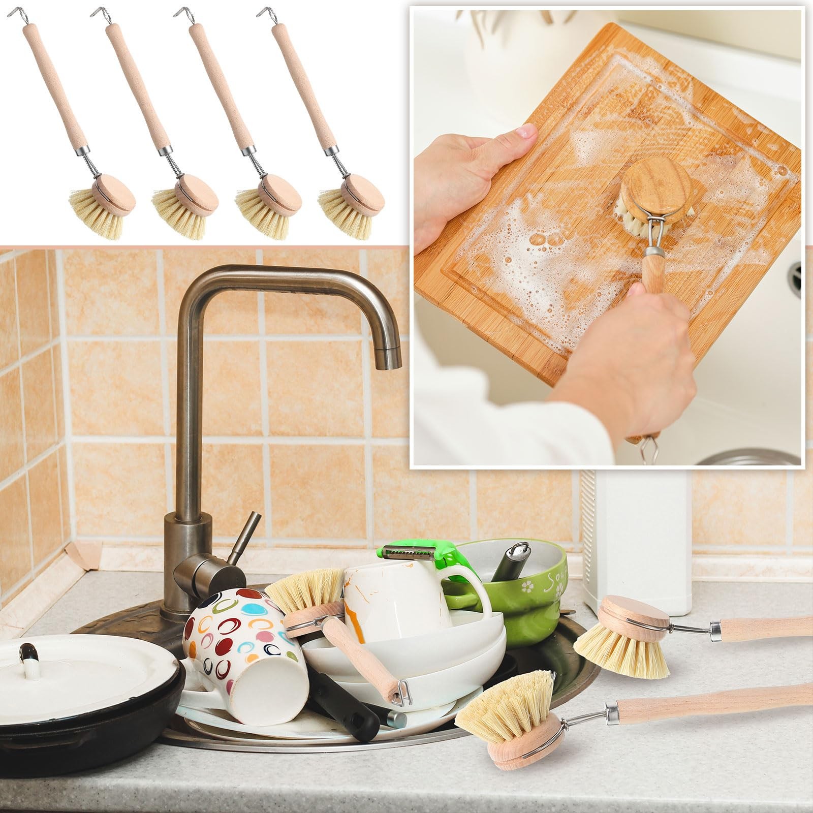 4 Pcs Kitchen Dish Brush with Beechwood Handle Natural Wooden Handle Scrub Br…