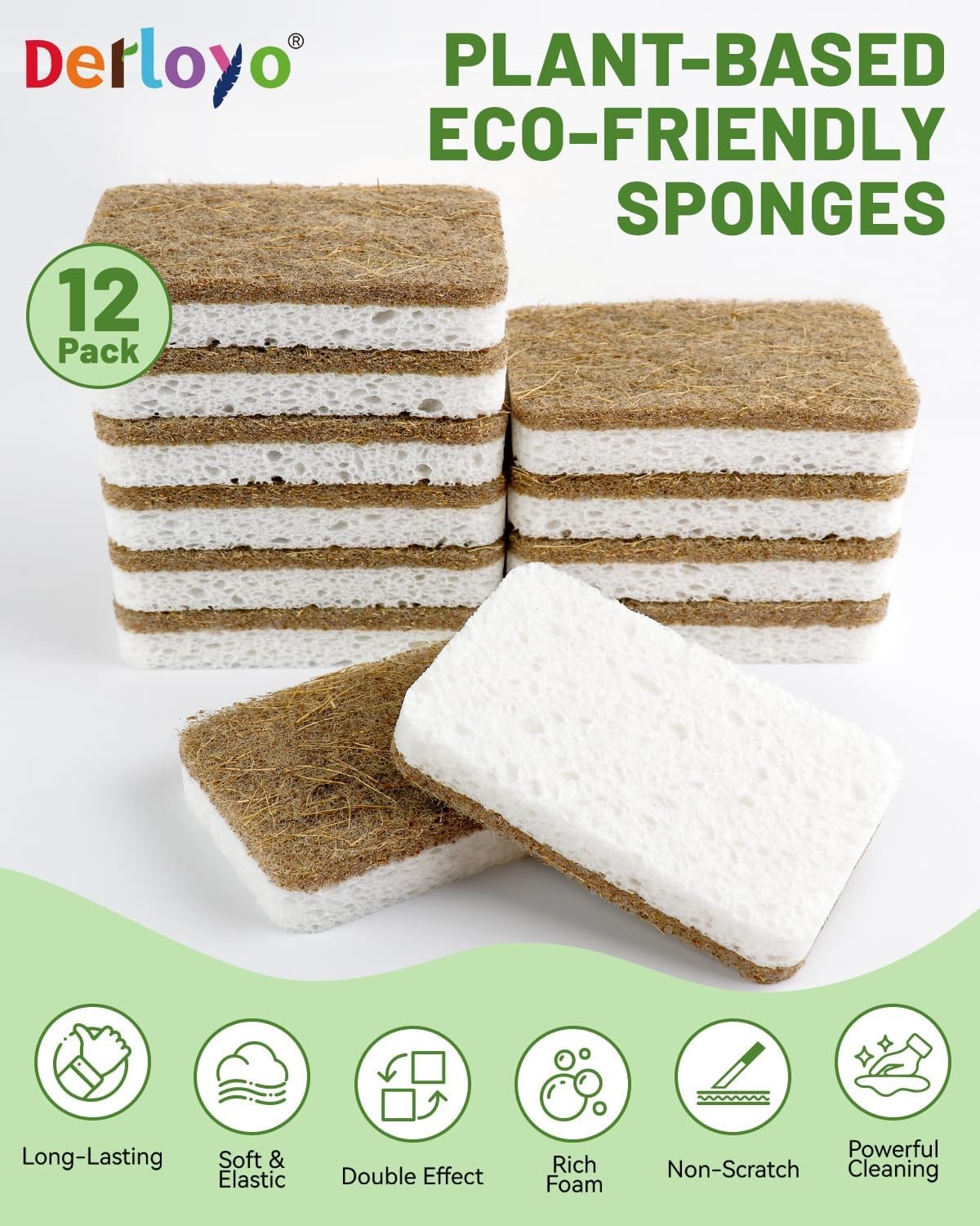 12 Count Plant-Based Kitchen Sponges, Compostable Cellulose Sponge,