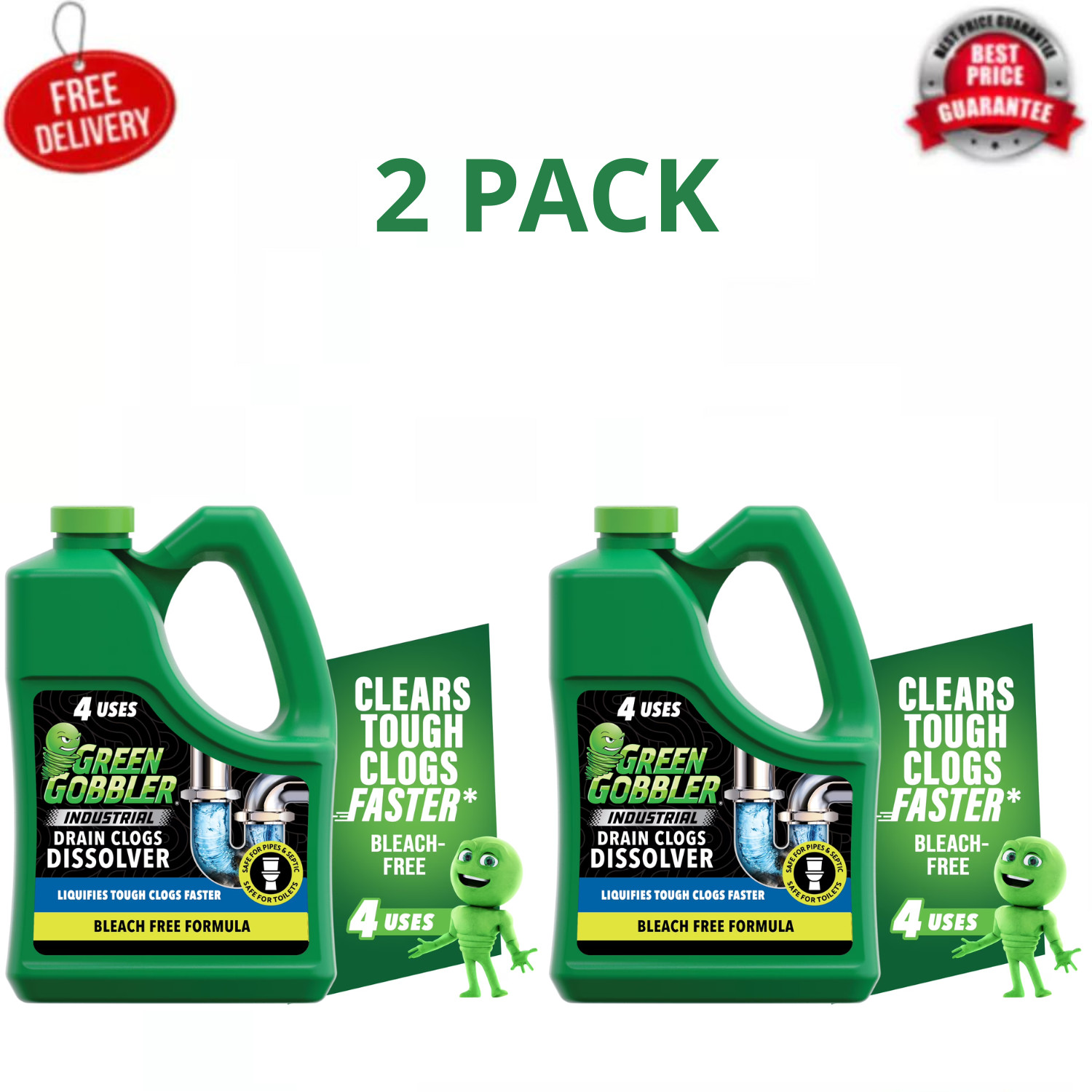 Green Gobbler Industrial Strength Drain Cleaner Gel 64oz, 2 Pack