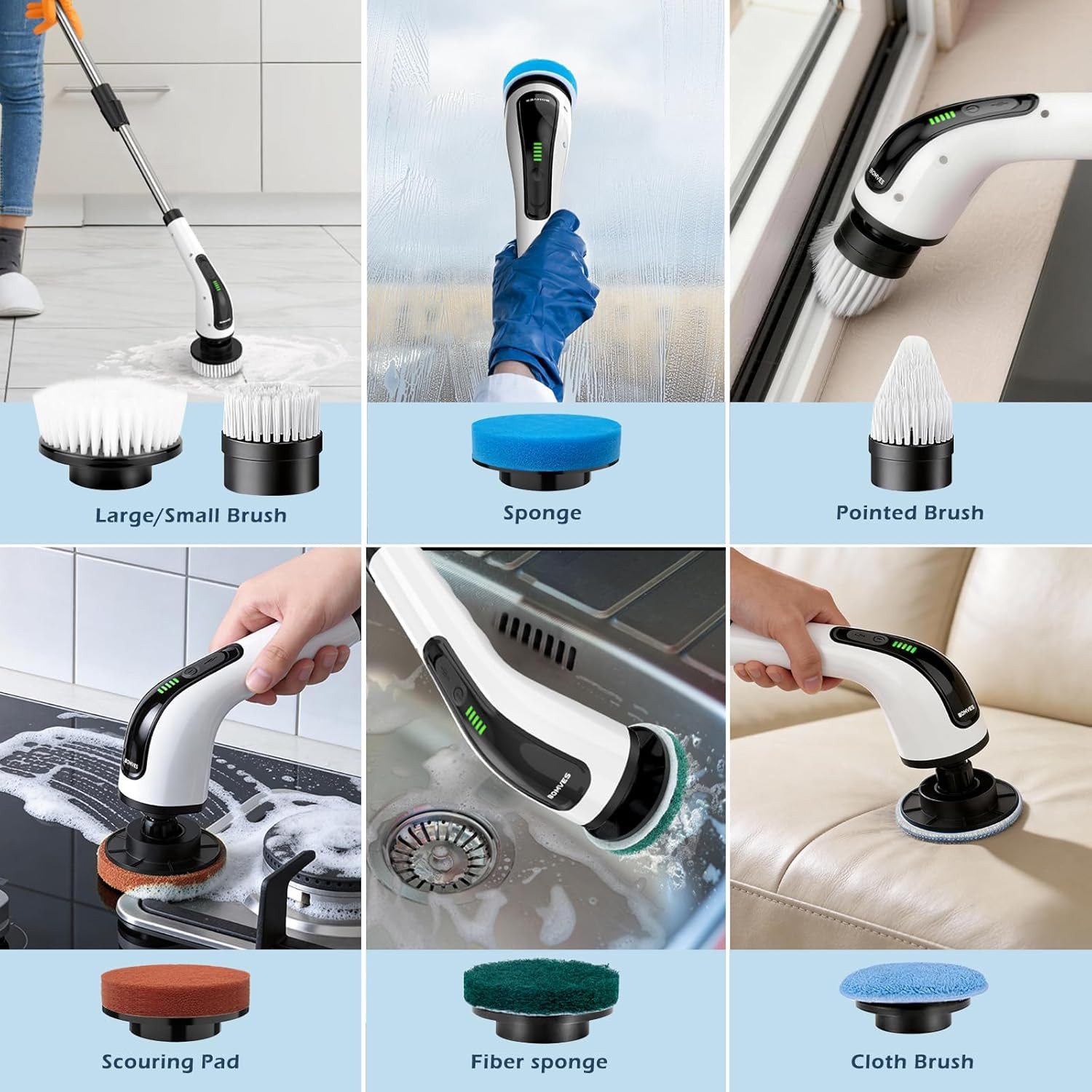 Electric Spin Scrubber – 3000mAh, 3‑Length Adjustable, 300/500RPM, 8 Brush Heads