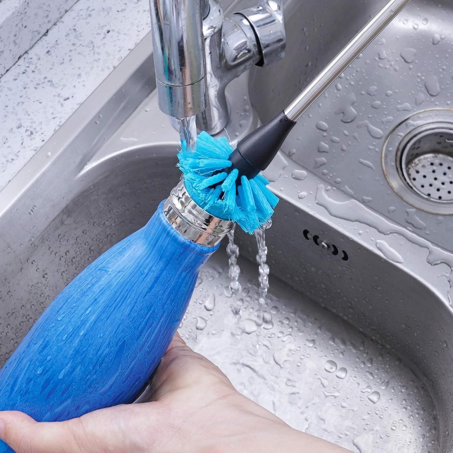 Non-Slip Grip Stainless Steel Brush for Water Bottles & Glassware – 15” Long