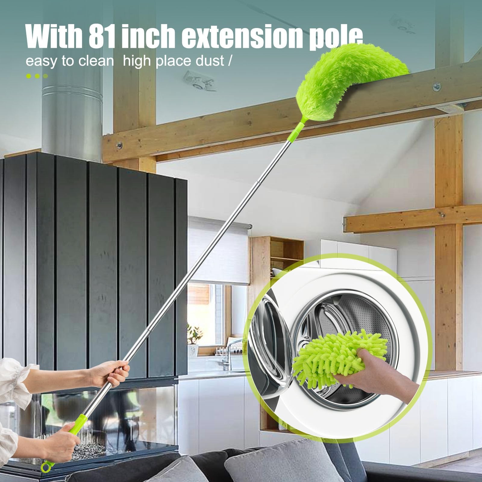 Microfiber Duster with Extension Pole 30 to 100”, Bendable Reusable Washable…