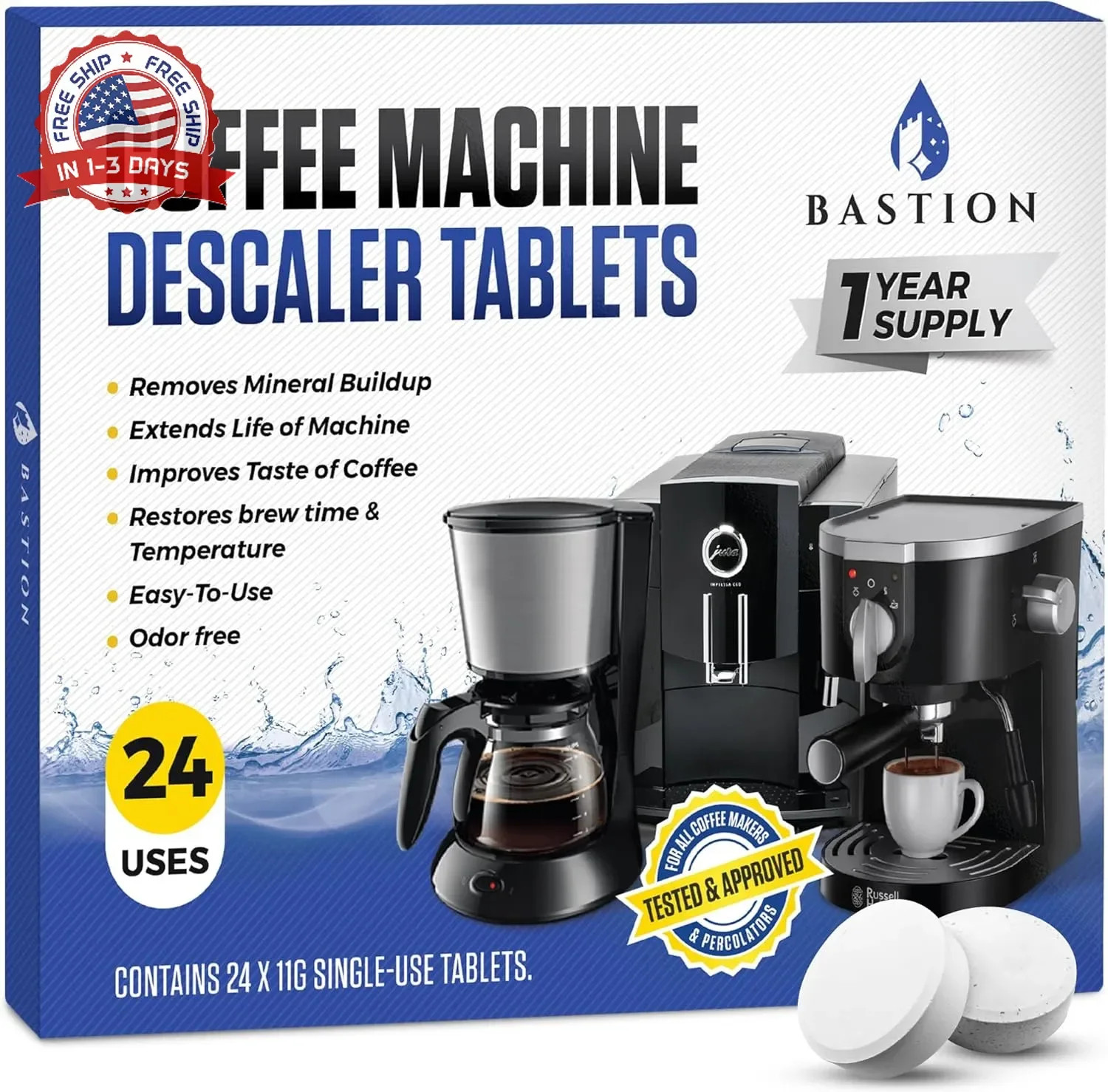 Bastion Coffee Machine Cleaner & Descaler Tablets – 24 Count | Deep Clean & Desc