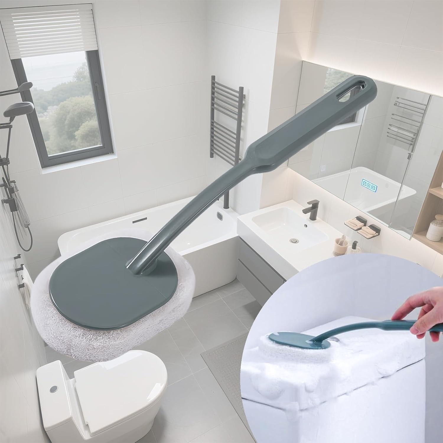 Long Handle Sponge Scrub Bathroom Brush, Sponge Cleaning Brush with Handle Large