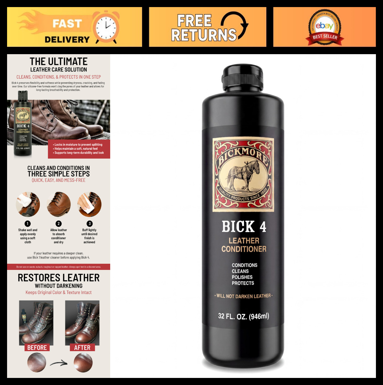 Leather Conditioner & Cleaner 32oz – Restore, Polish & Protect Smooth Leather