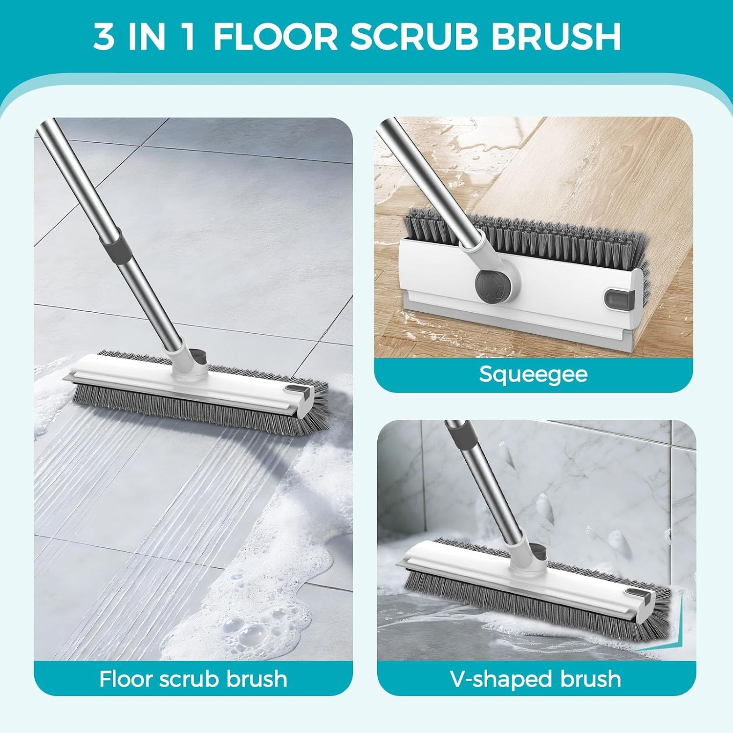 Adjustable Long Handle Floor Scrub Brush 3 in 1 Grey White Floor Scrubber