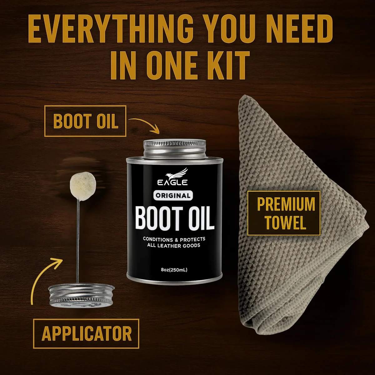 Eagle Leather Boot Oil 8.45oz w/ Applicator & Towel for Boots Bags Jackets