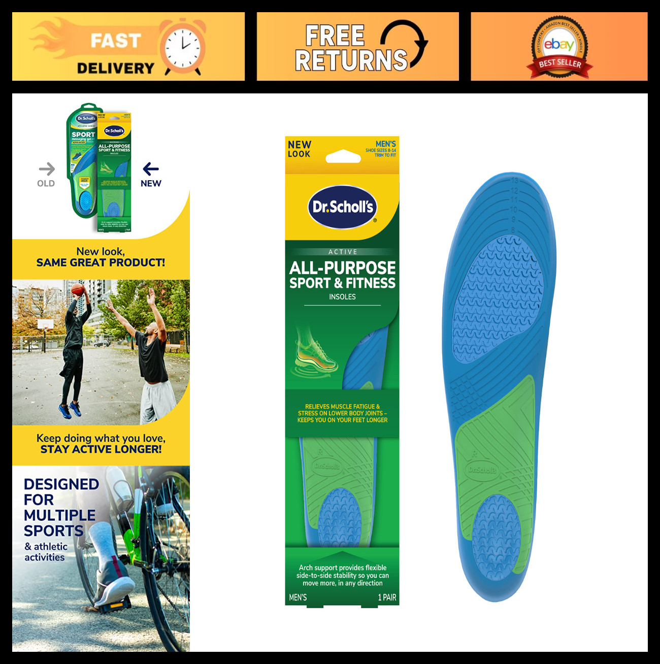 Sport Insoles for Men 8-14 – Shock Absorption, Arch Support, Reduce Muscle Fatig