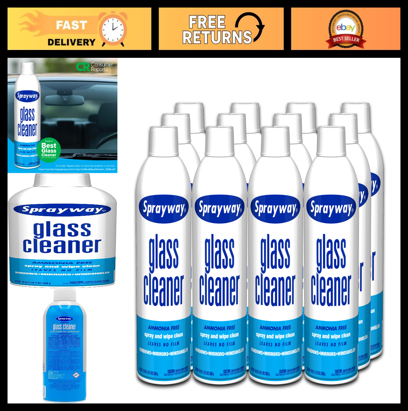 Streak-Free Foaming Glass Cleaner Spray, 19 oz, 12-Pack for Home & Auto Use