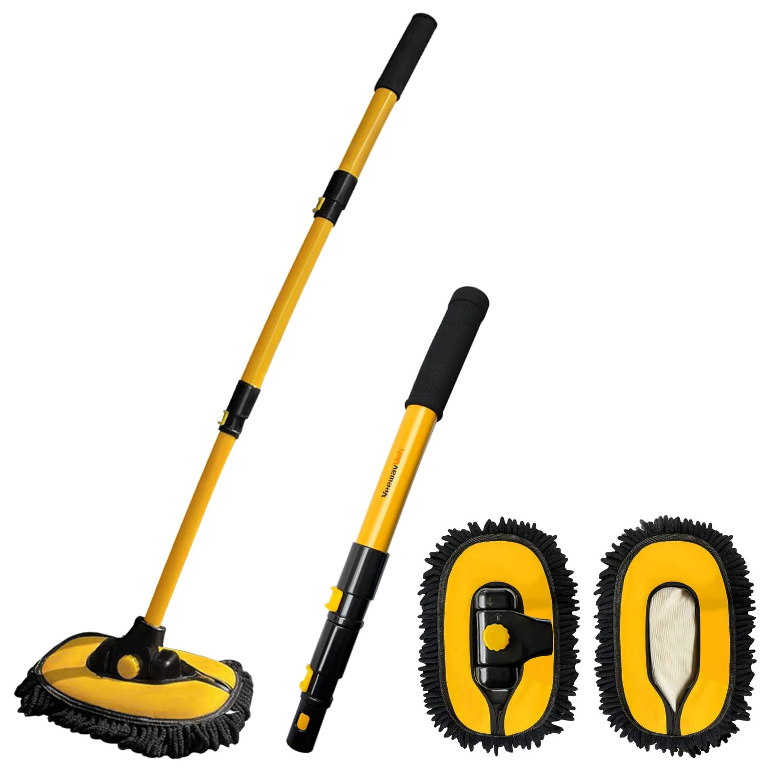 Car Wash Brush with Long Handle, Microfiber Mop & Replaceable Chenille Head