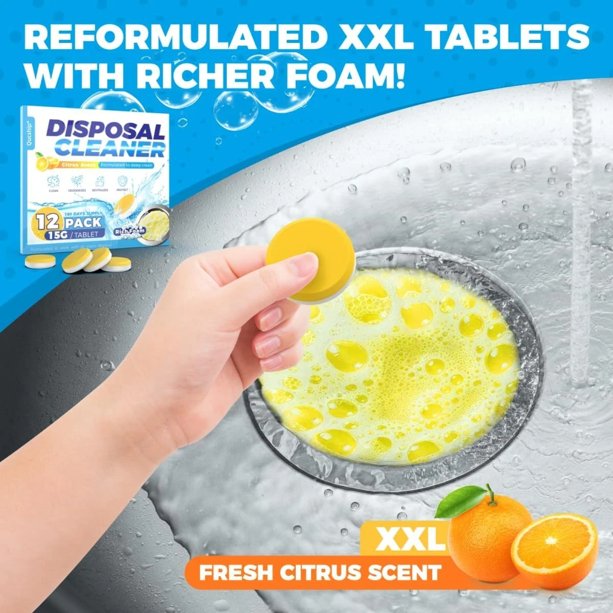 Garbage Disposal Cleaner Deodorizer – 12 Pack, Foaming Citrus Sink Freshener – X