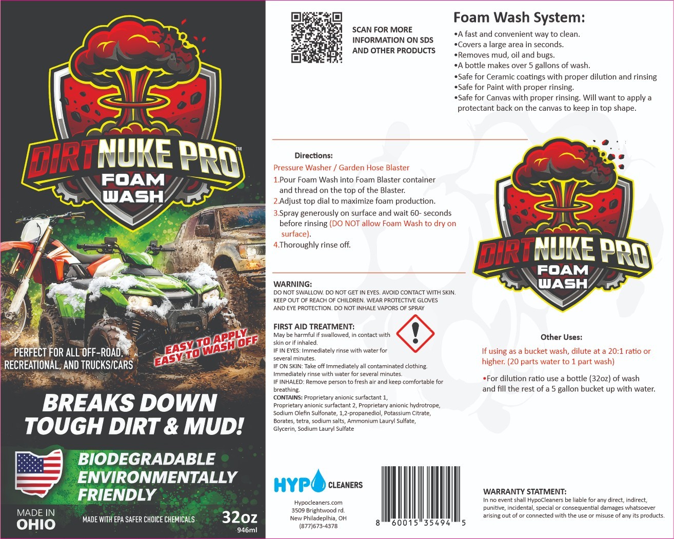 DirtNuke Pro Off-Road Wash Foam Cleaner 32oz for Dirt Bikes ATVs Trucks