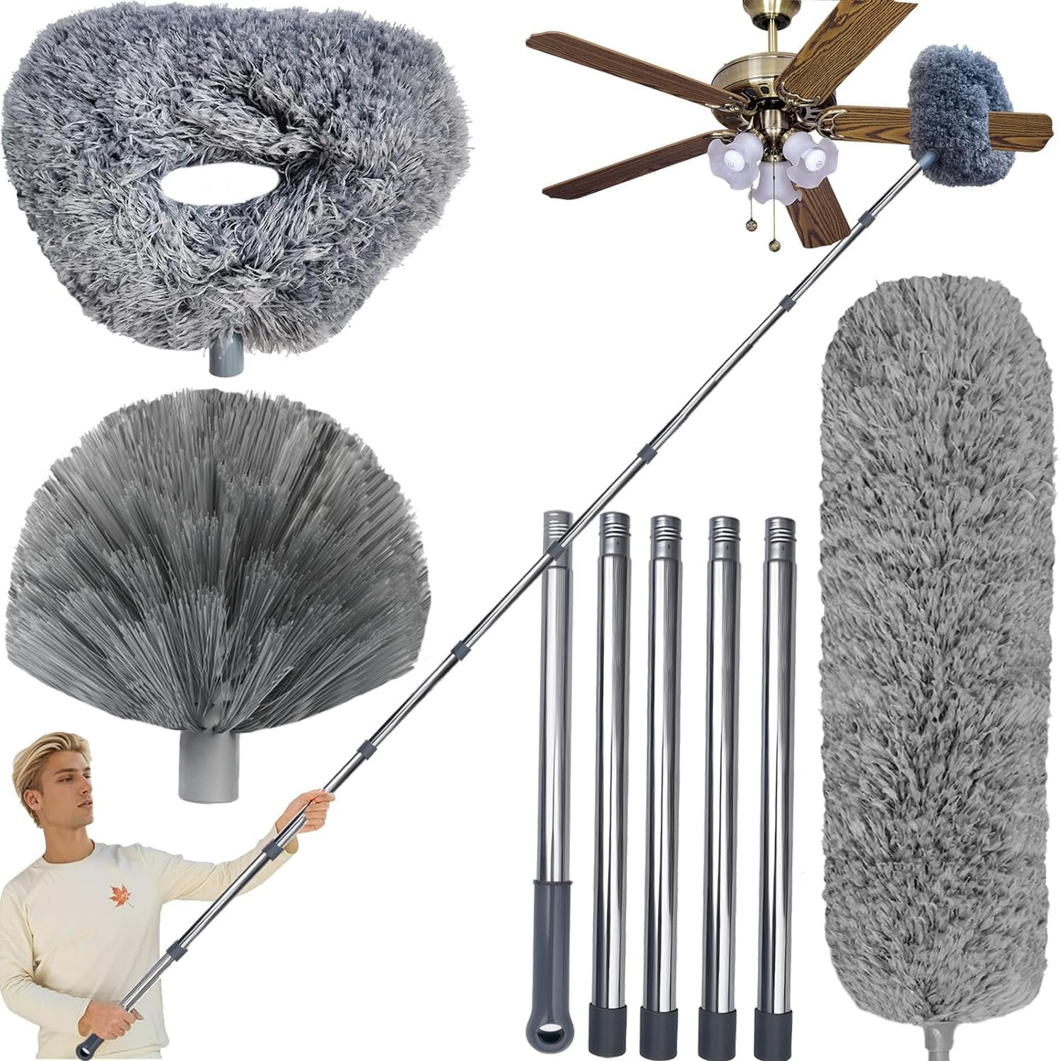 20+ Ft High Reach Ceiling Fan Duster & Cobweb & Corner Brush Duster with 3-14 Ft