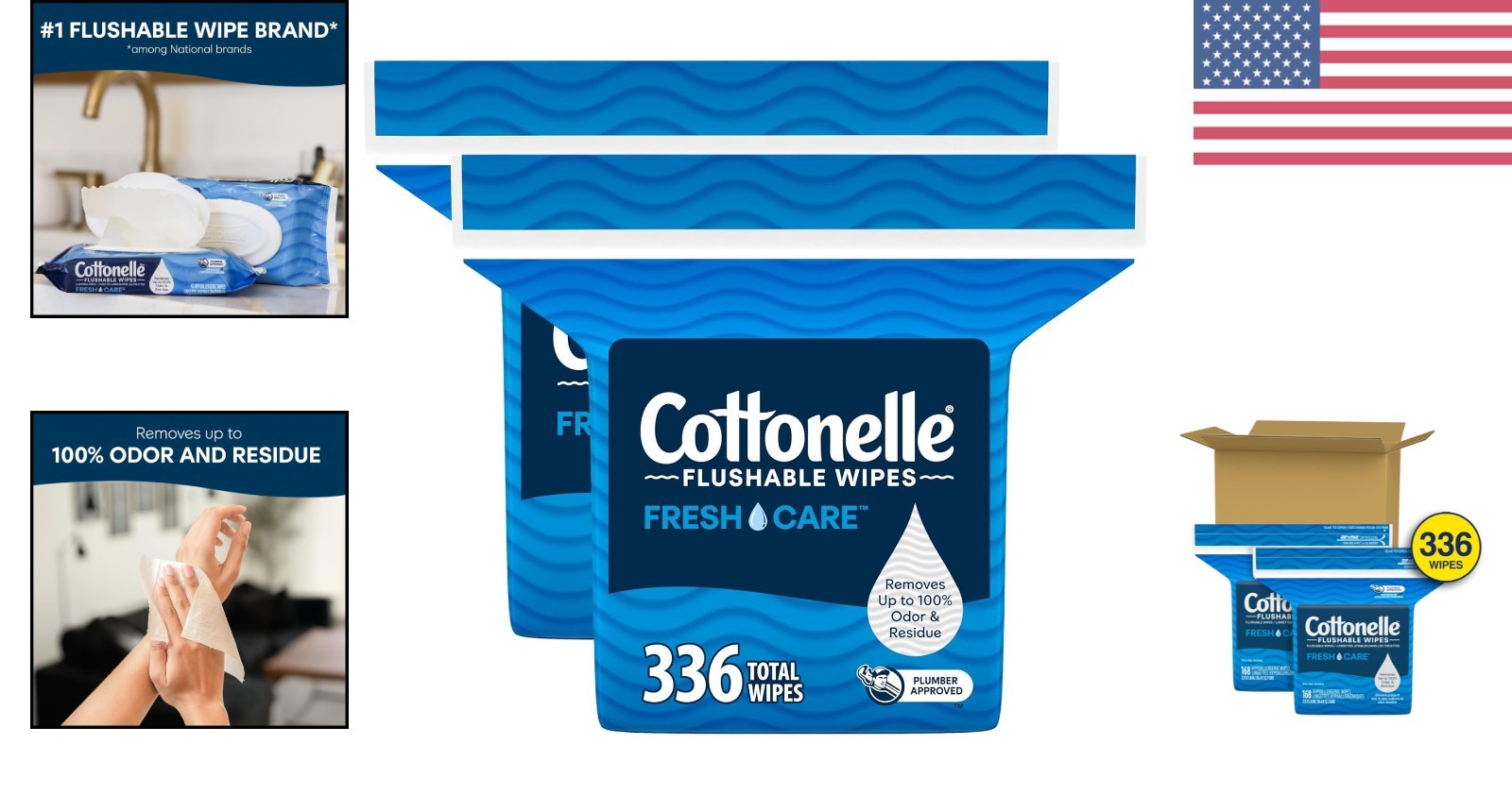 336 Count Cottonelle Adult Flushable Wipes, 2 Refill Packs – Odor Eliminating