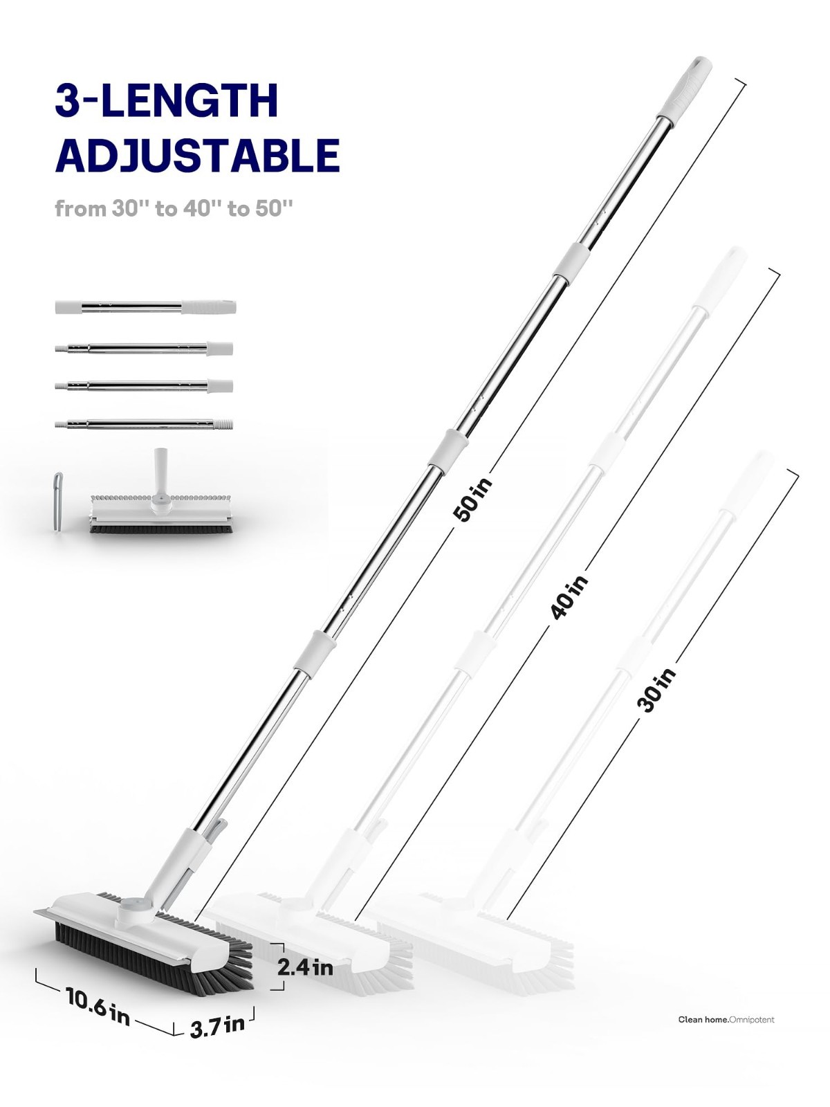 Heavy-Duty Floor Scrub Brush with Long Handle, 3-in-1 Stiff Bristles & Squeegee