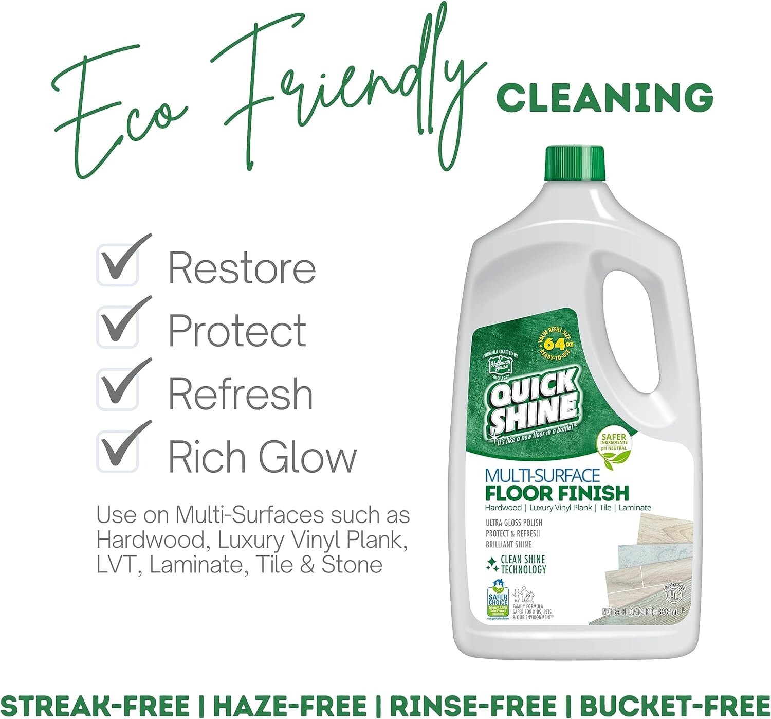 Quick Shine Multi Surface Floor Finish 64oz | Cleaner & Polish use on Hardwood