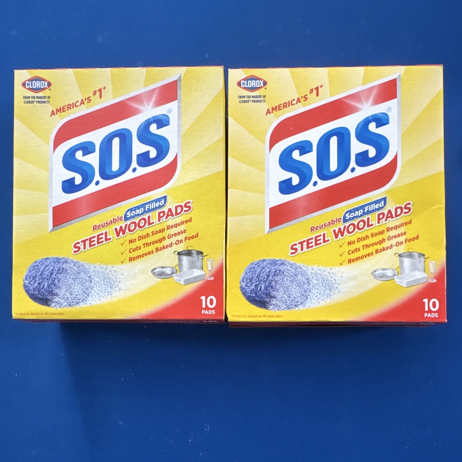 2 Boxes SOS Reusable Soap Filled Steel Wool Pads 10 Count Each Open Box Total 20