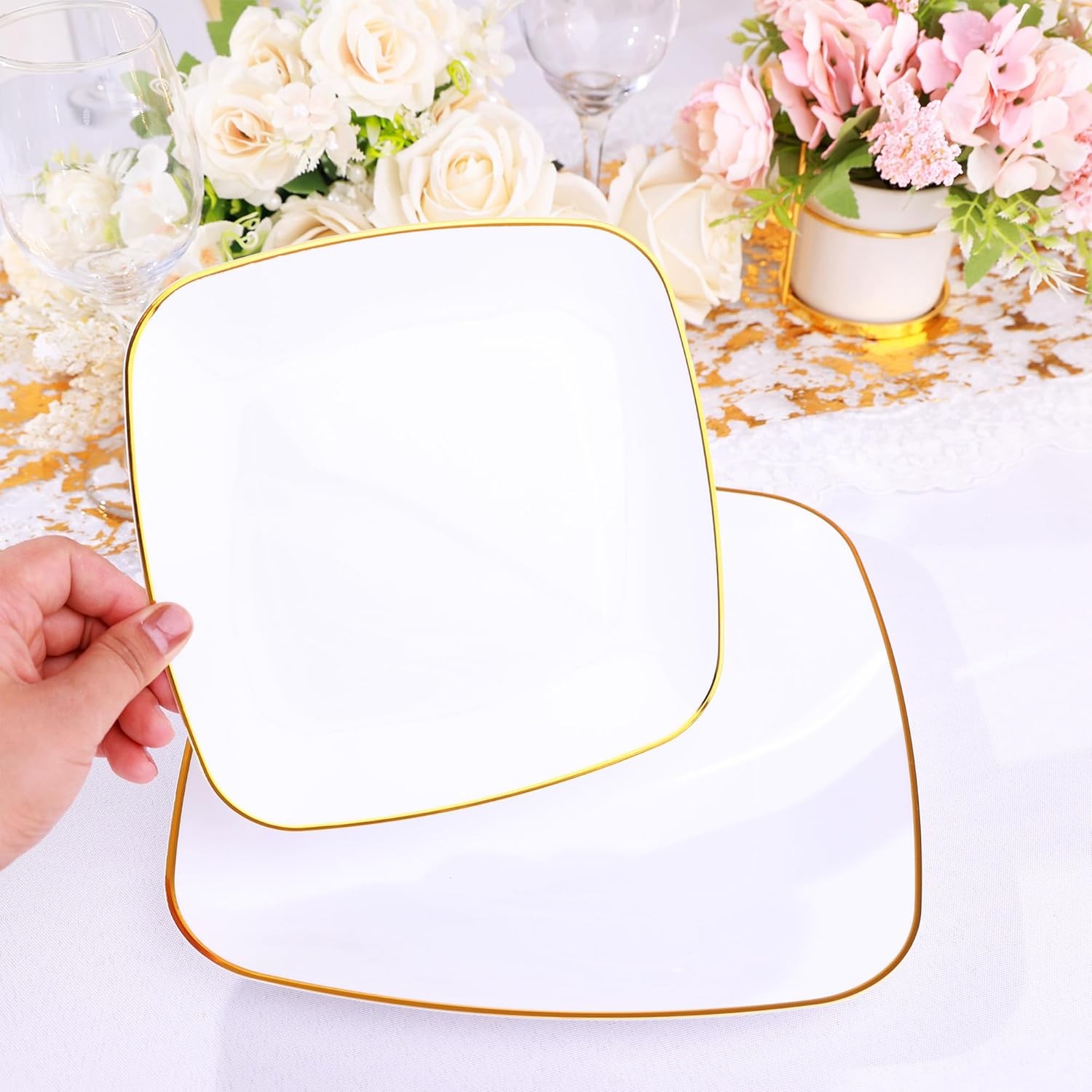Sylans 350PCS Square Disposable Dinnerware Set for 50 Guests, Gold Plastic Pla