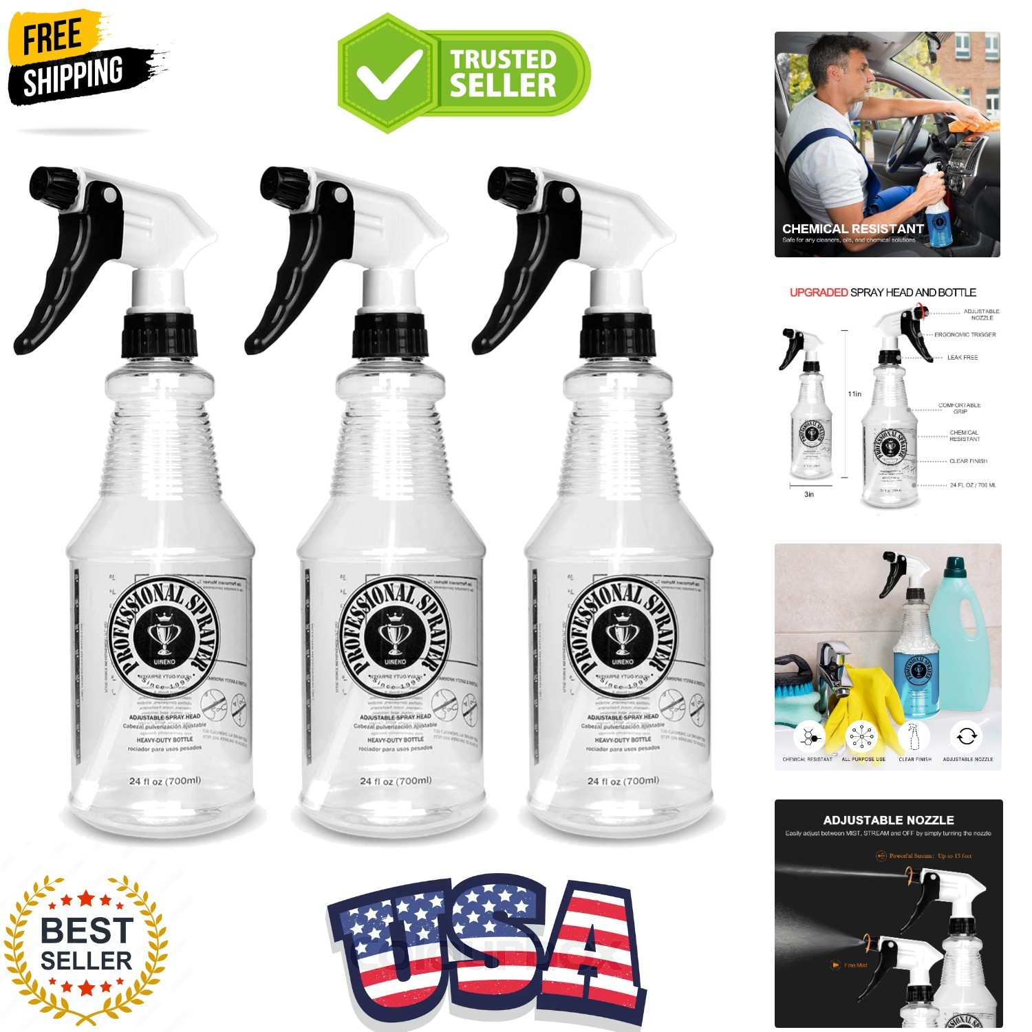 Plastic Spray Bottle 24oz 3 Pack for Cleaning Solutions, Car Detailing Care, …