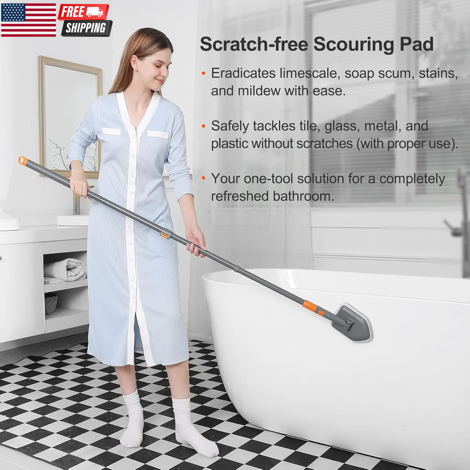 Tile Tub Scrubber Brush with 3 Different Function Cleaning Heads and 56″ Extenda