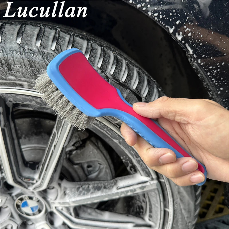Lucullan Tire Cleaning Brush Medium Stiff Synthetic Bristles Ergonomic Grip Pink