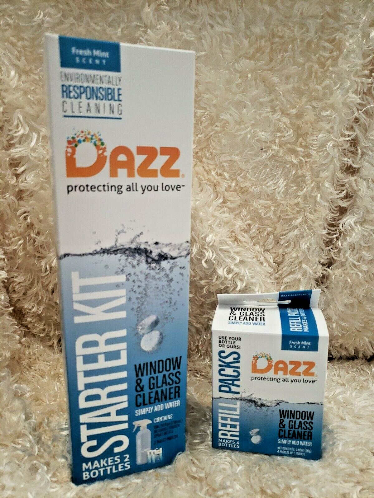 DAZZ Window And Glass Cleaner Starter Kit & Refill Packs-Fresh Mint Lot/2 NEW!