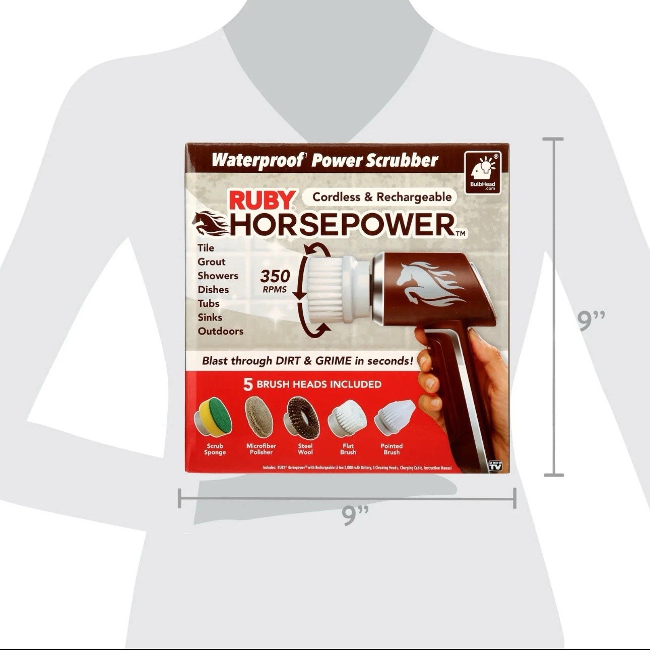 HORSEPOWER RUBY Waterproof Cordless 360° Power Scrubber W/ 5 Heads! – NEW!