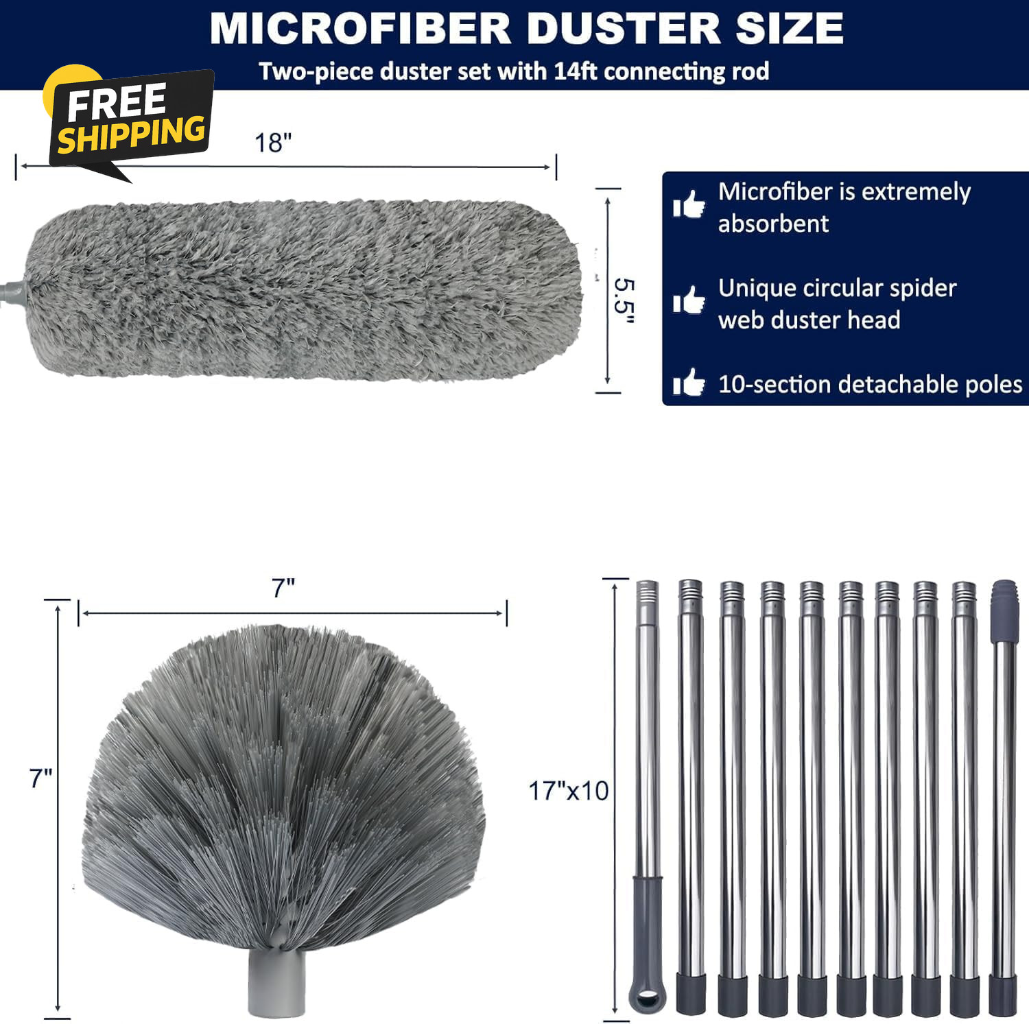 20Ft High Reach Cobweb Duster Kit Extension Pole Ceiling Fan Feather Duster Set