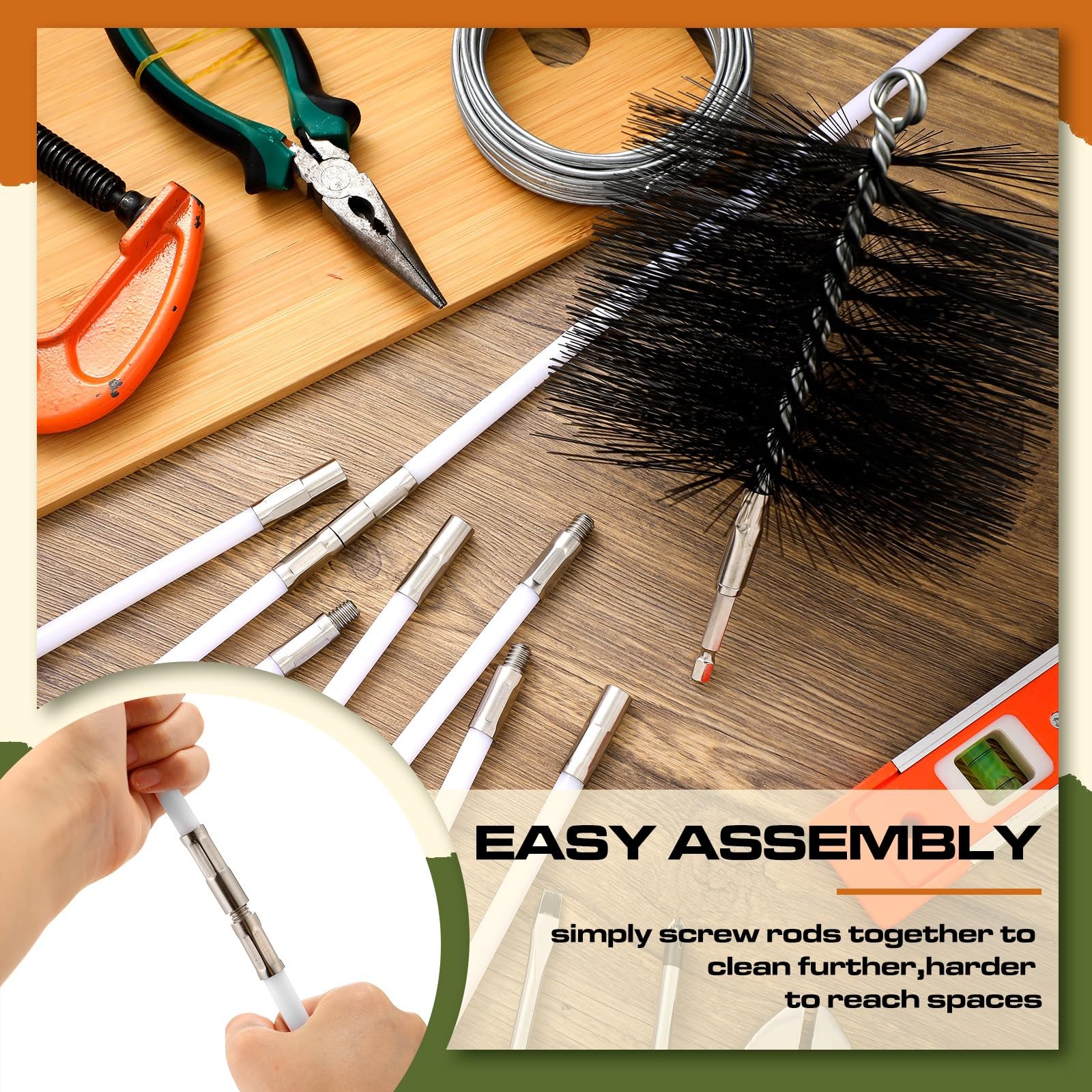 Wire Chimney Cleaning Brush with 1/4 Npt Fitting and 12 Rods, 6 Inch Round St…