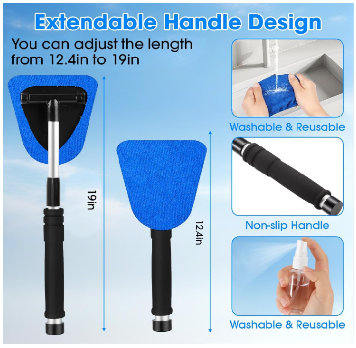 Windshield Cleaner Tool, Car Interior Cleaning Kit with Extendable Handle and 3