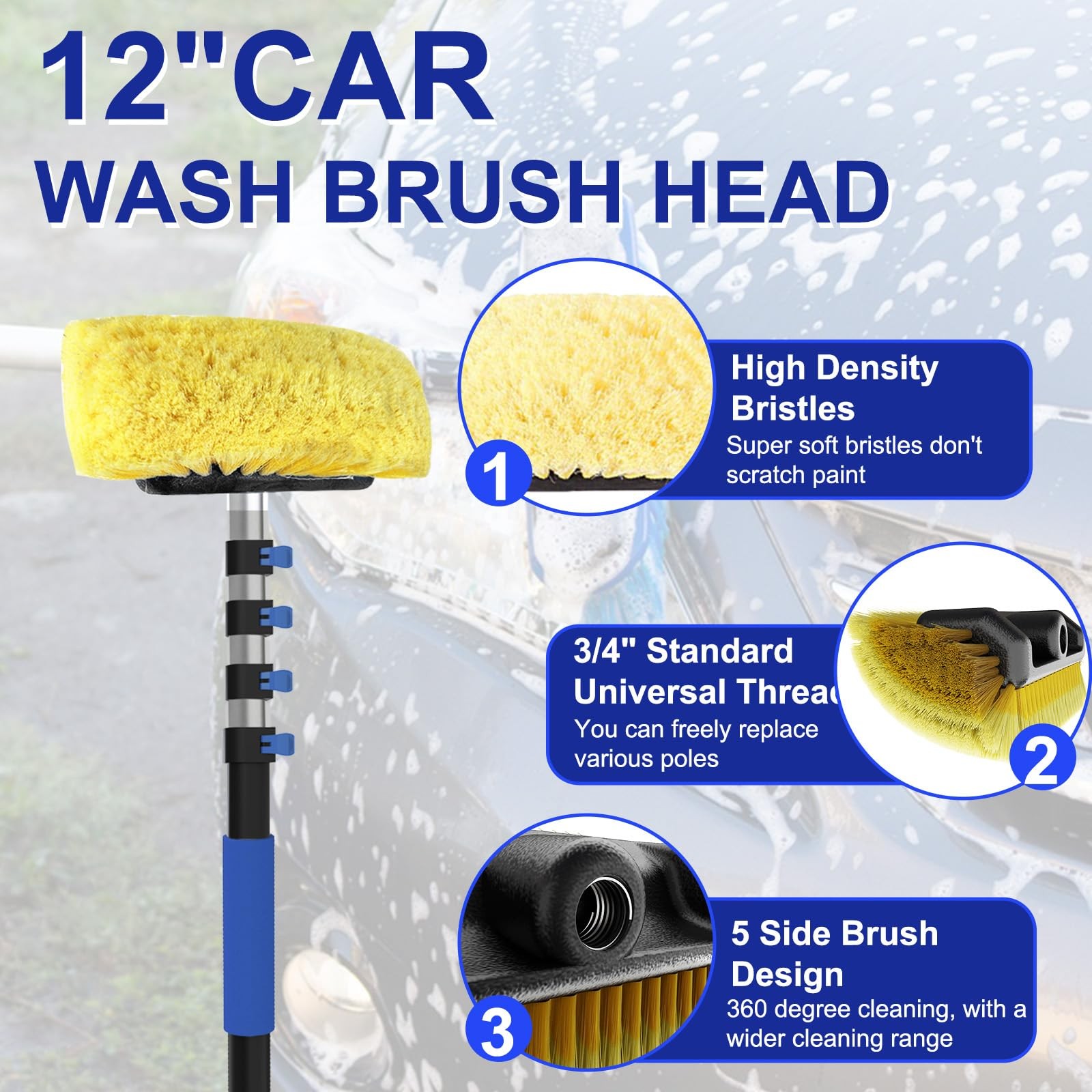 26Ft Telescoping Car Wash Brush with Soft Bristles for Scratch-Free Cleaning