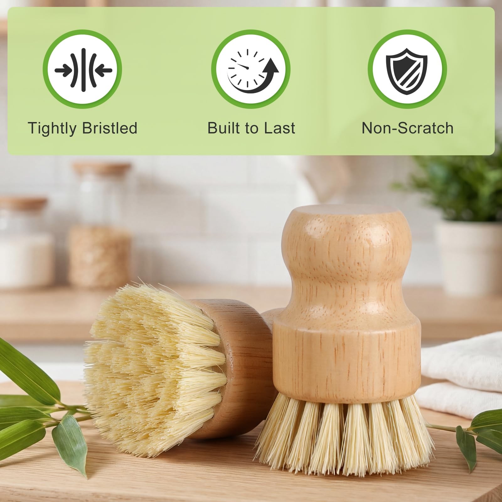 4 Pack Bamboo Dish Brush Set, Natural Kitchen Scrub Brush with Sisal Bristles…