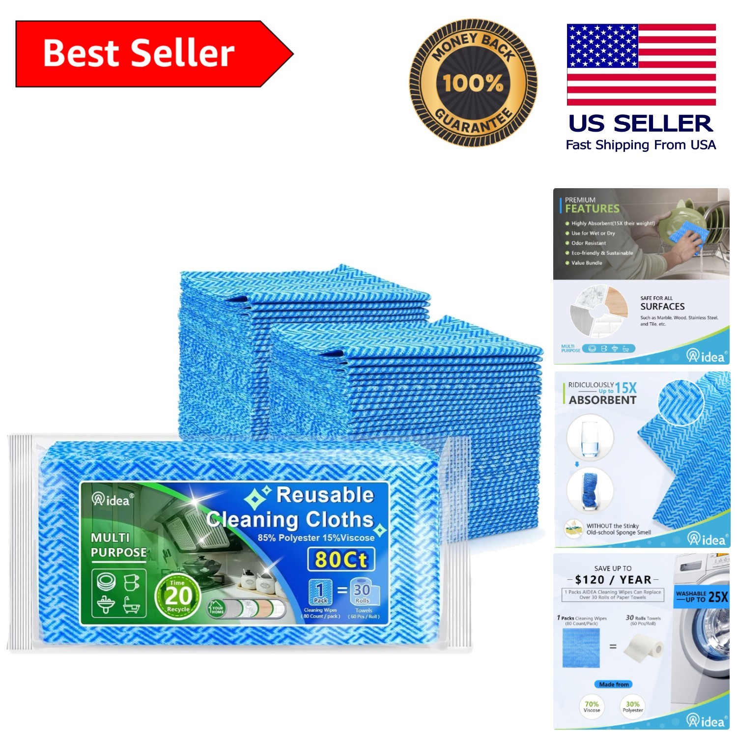Superabsorbent 80 Ct Cleaning Wipes – Durable, Reusable, Streak-Free Cloths