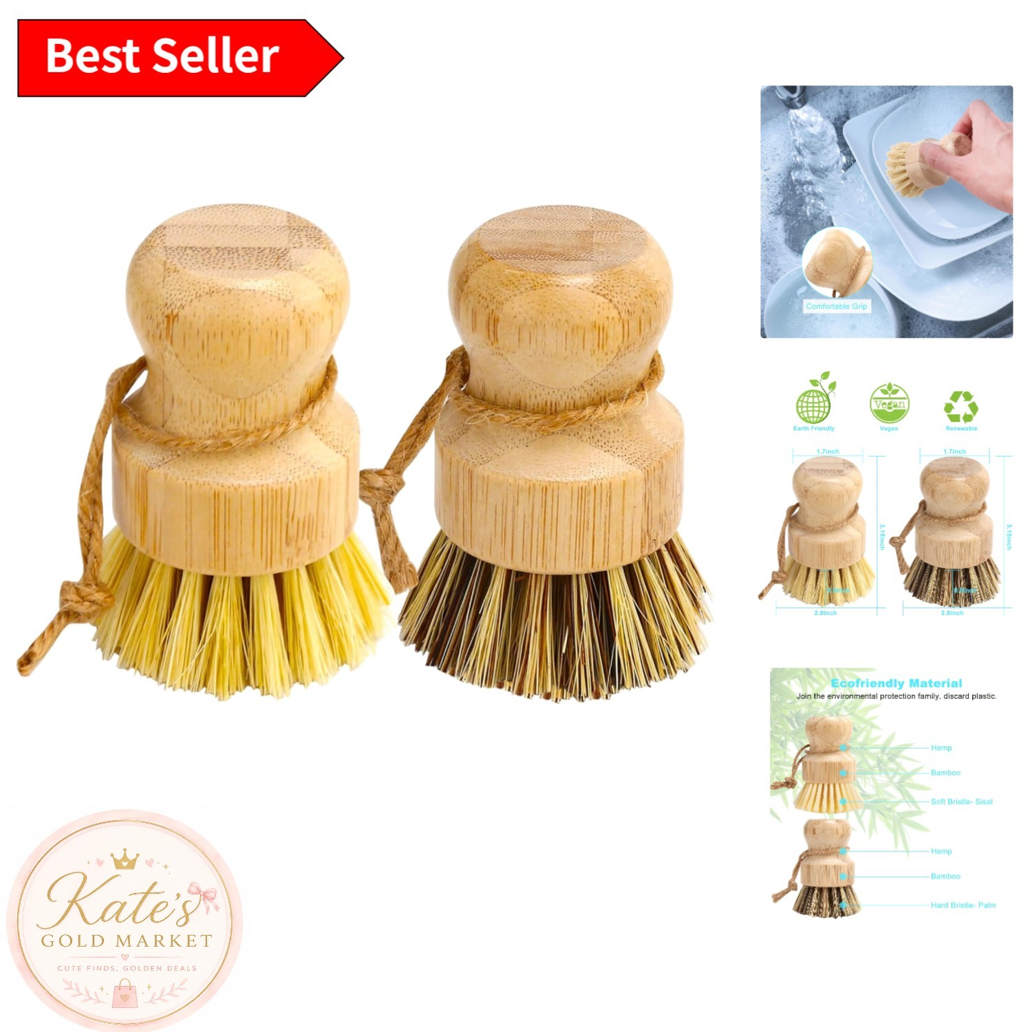 2-Piece Bamboo Dish Brush Set – Ergonomic Palm Handle for Effortless Cleaning