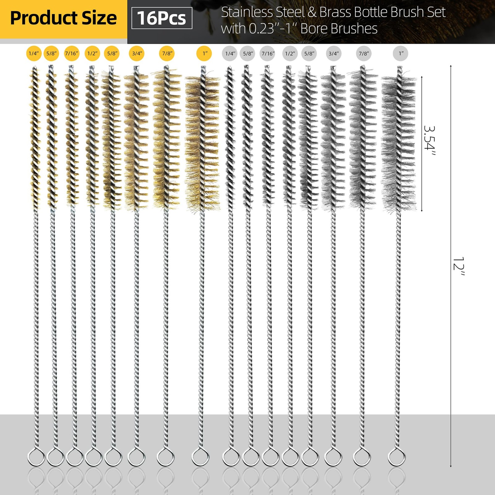 16Pcs Stainless Steel & Brass Wire Tube Brushes Bottle Brush Set,12″ Long Wir…