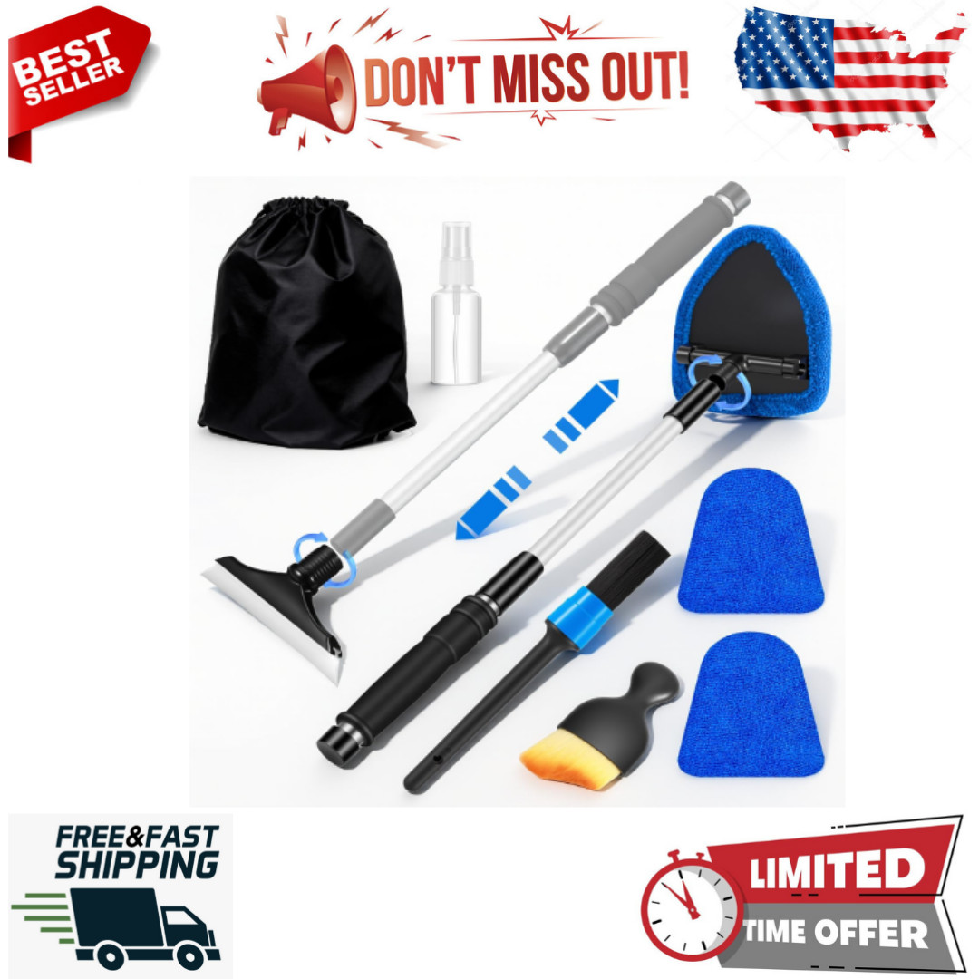 Windshield Cleaner Tool, Car Interior Cleaning Kit with Extendable Handle and 3