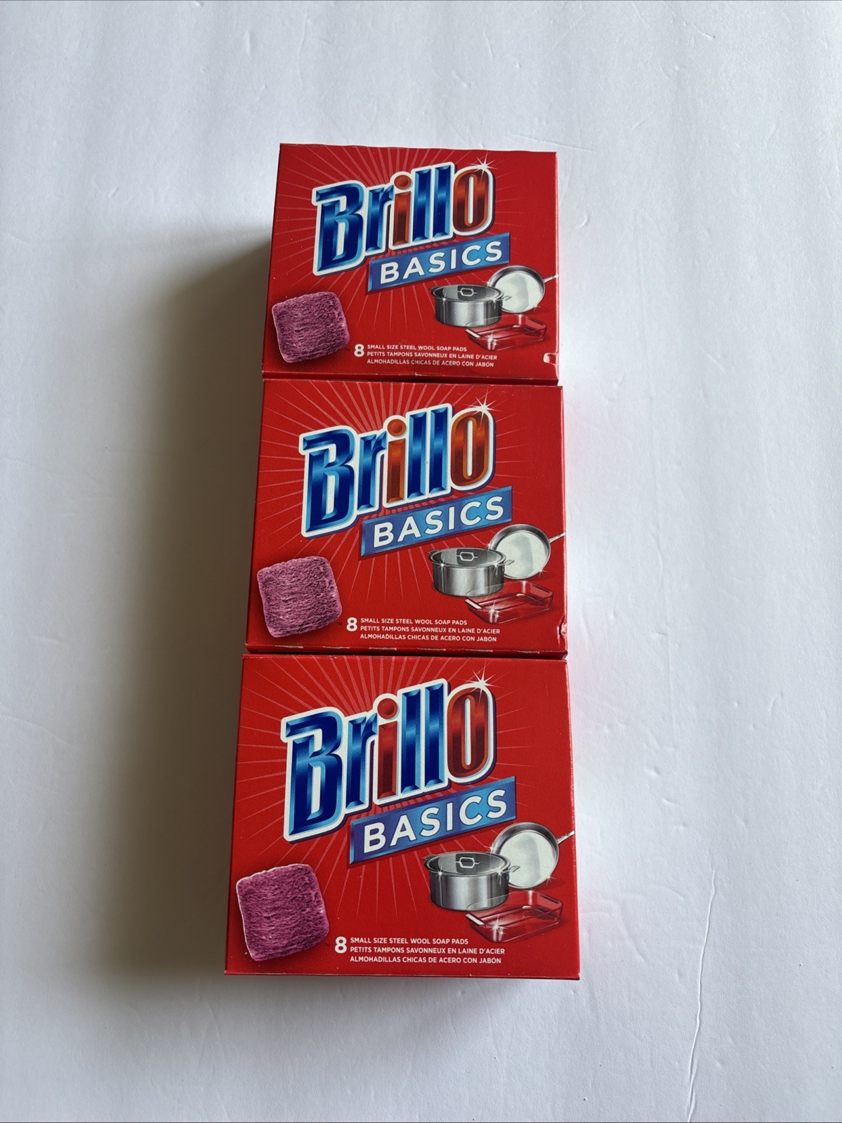 Three Boxes Brillo Basics Steel Wool Soap Pads, Small Size (Total 24 Count )