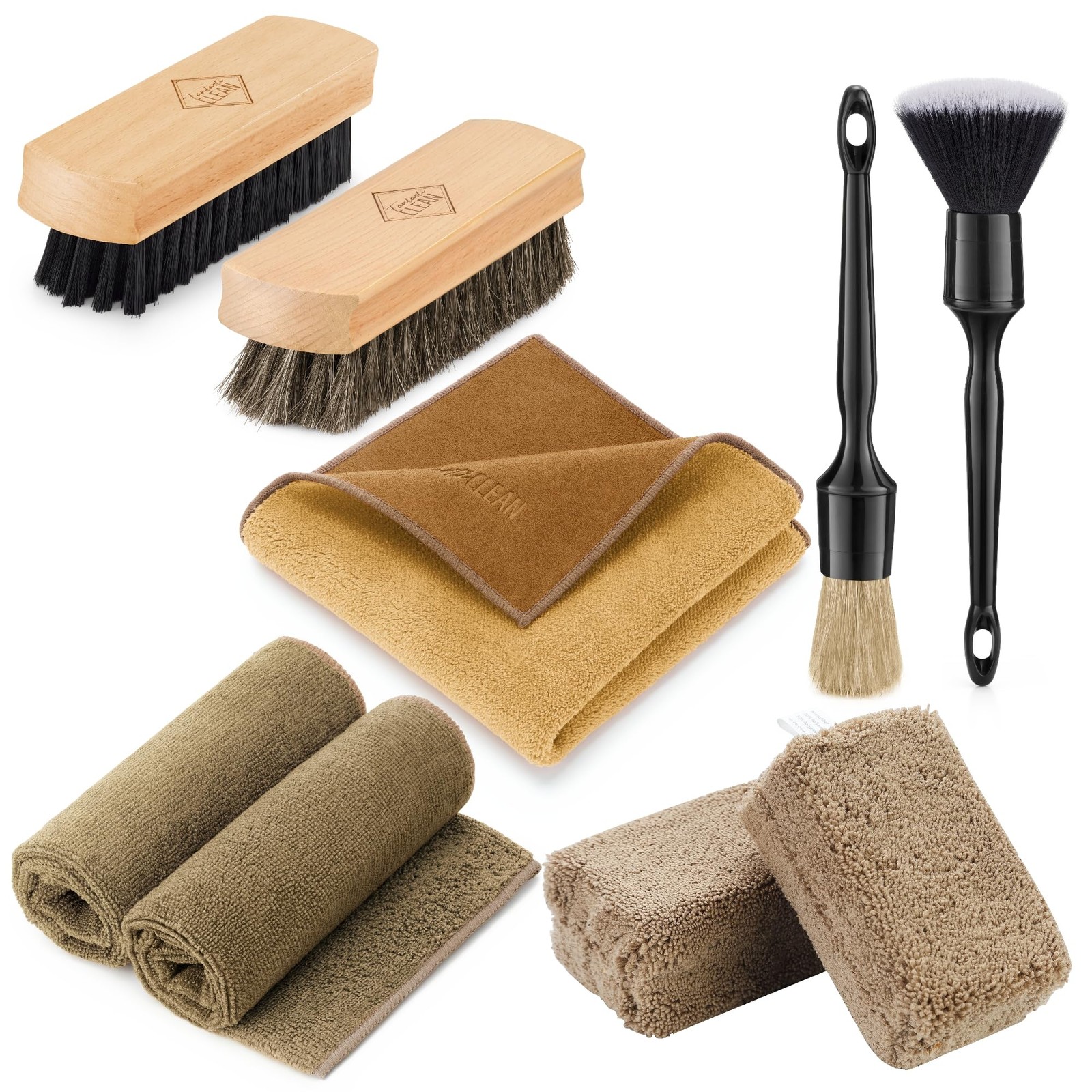 9PC Car Detailing Kit，Boars Hair Brush，Horse Hair Bristle，Suede-Coral Cloth，C…