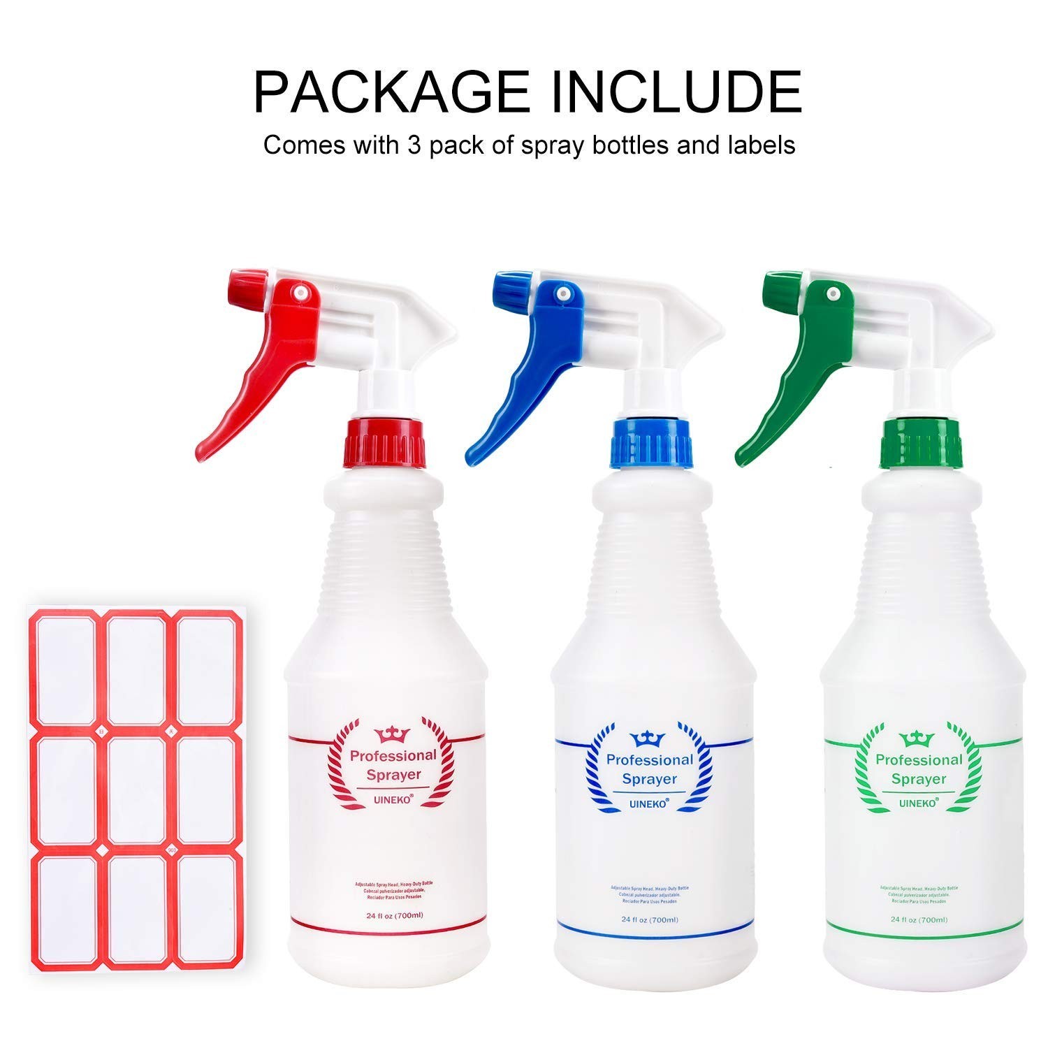 3 Pack Heavy Duty Plastic Spray Bottles 24 Oz – Leak Proof Mist for Cleaning, Pl