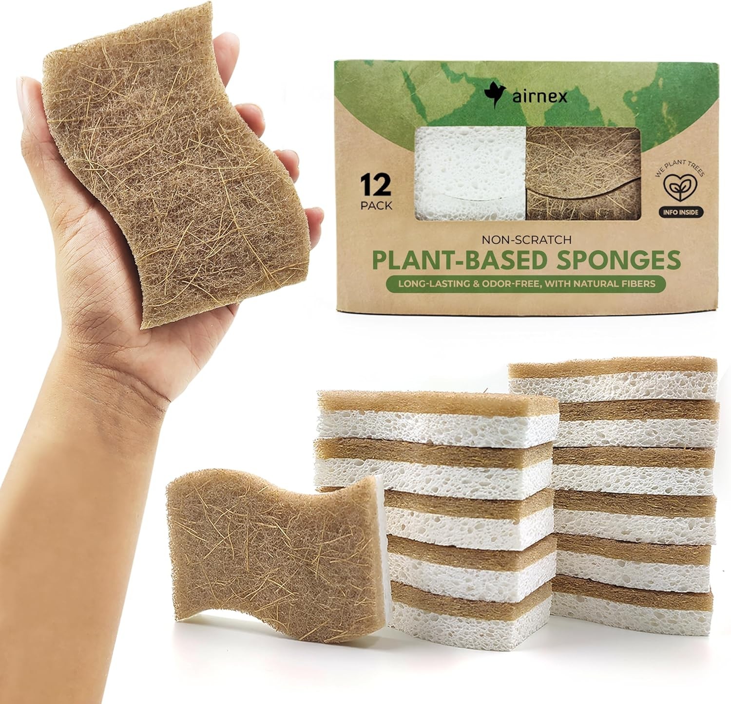 Natural Kitchen Sponges (12 Pack) – Biodegradable Cellulose & Coconut Scrubber