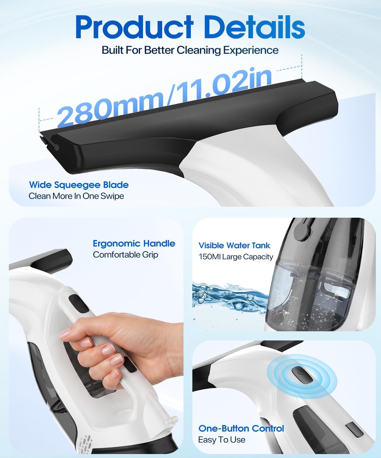 Window Vacuum Squeegee Cordless 3-in-1 Electric Cleaner Tool Spray Microfiber