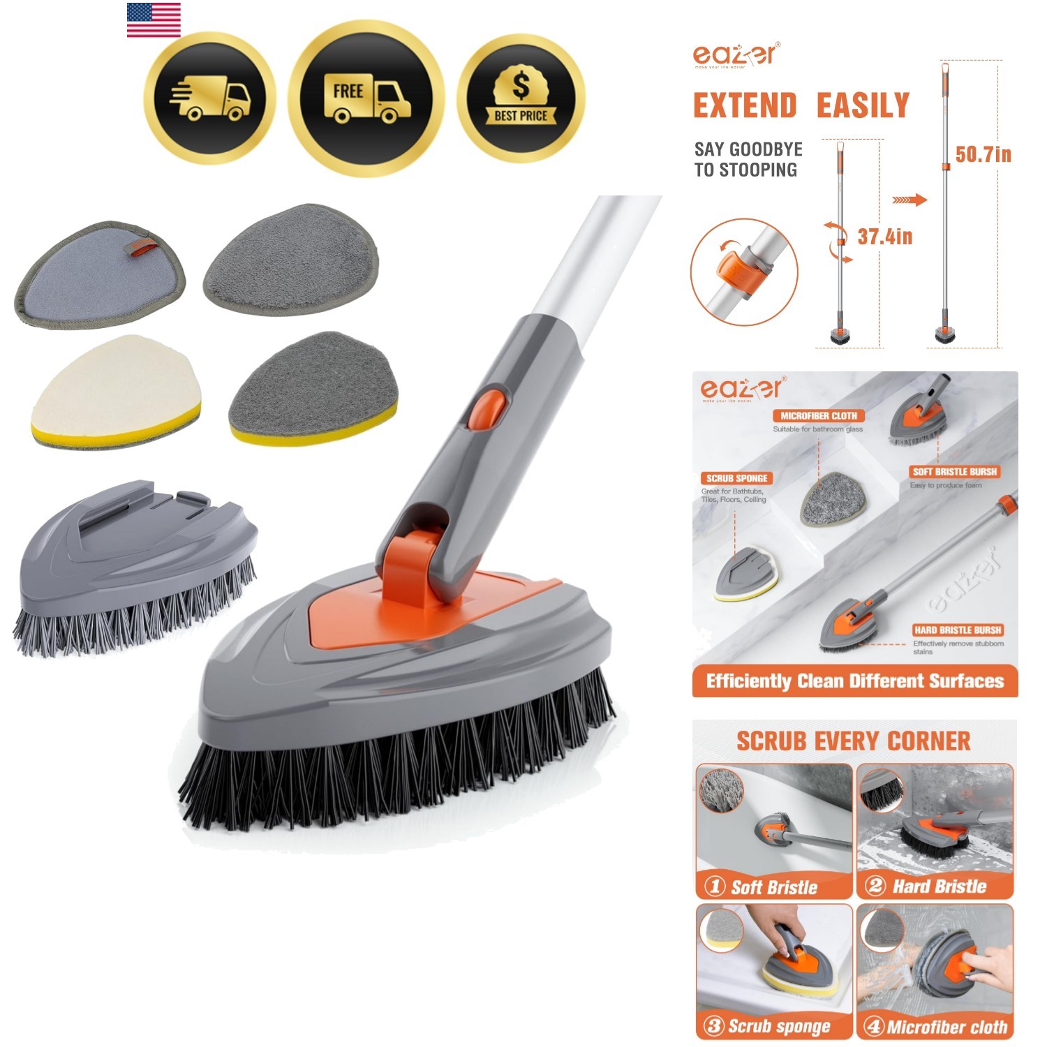 4-in-1 Long-Handled Tub Scrubber-Versatile Bathroom Cleaning Brush with Showe…