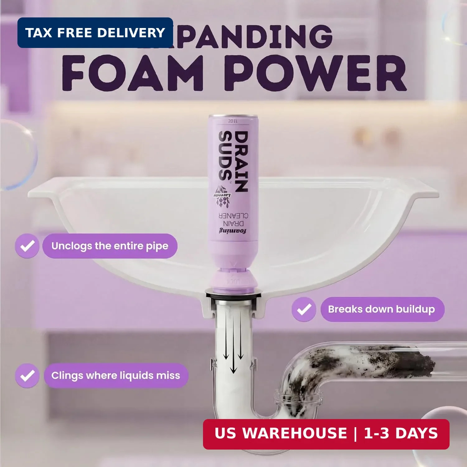 SonicPower Foaming Drain Cleaner, Foam Sink Cleaner and Deodorizer, Drain Clog R