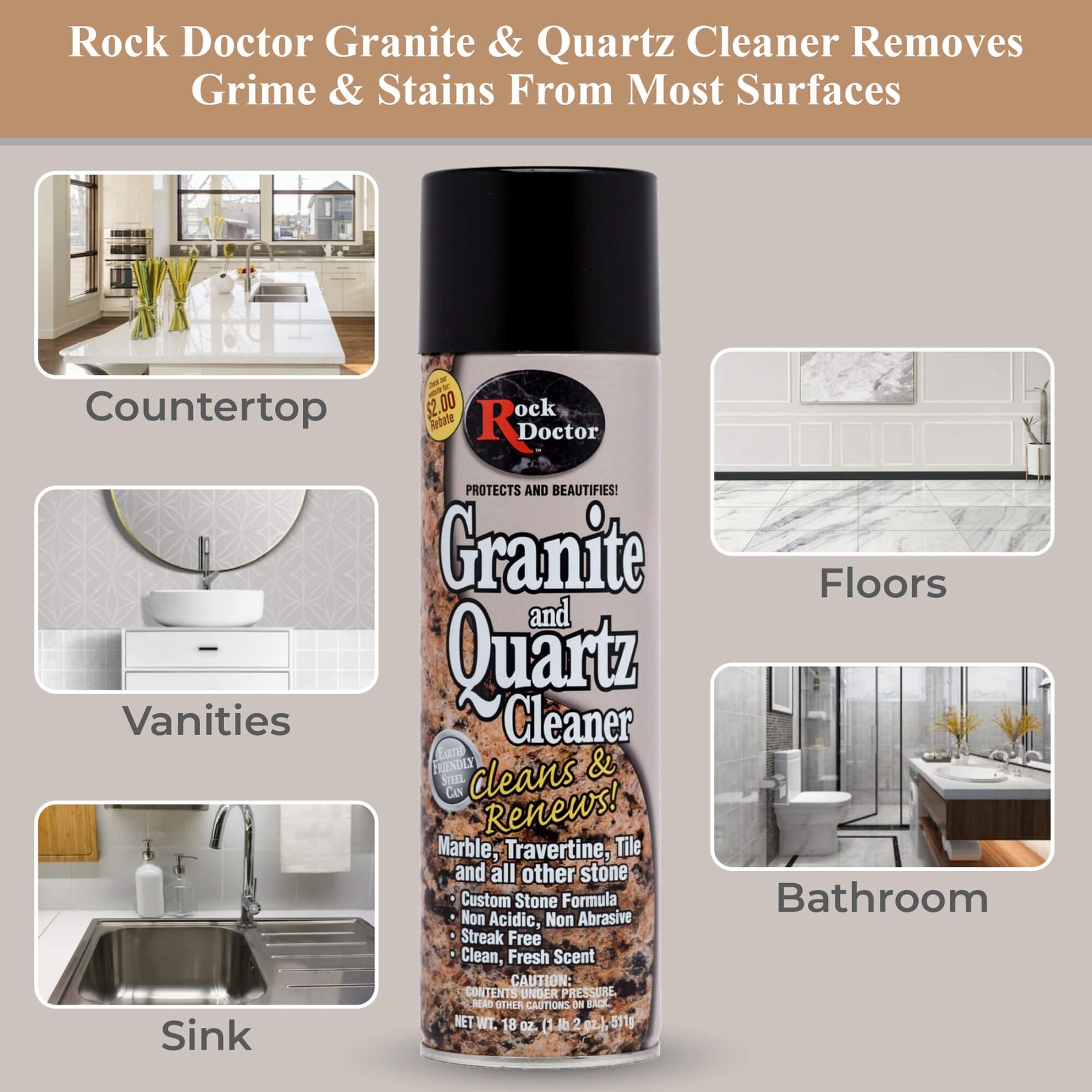 Rock Doctor Granite and Quartz Cleaner Non Abrasive 18 Ounce Eco Friendly Spray